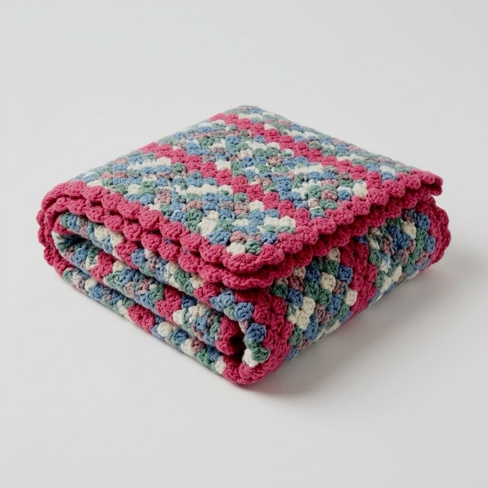 Vtg Handmade Crochet Blanket Pink Blue Green Corner To Corner Afghan Baby Throw